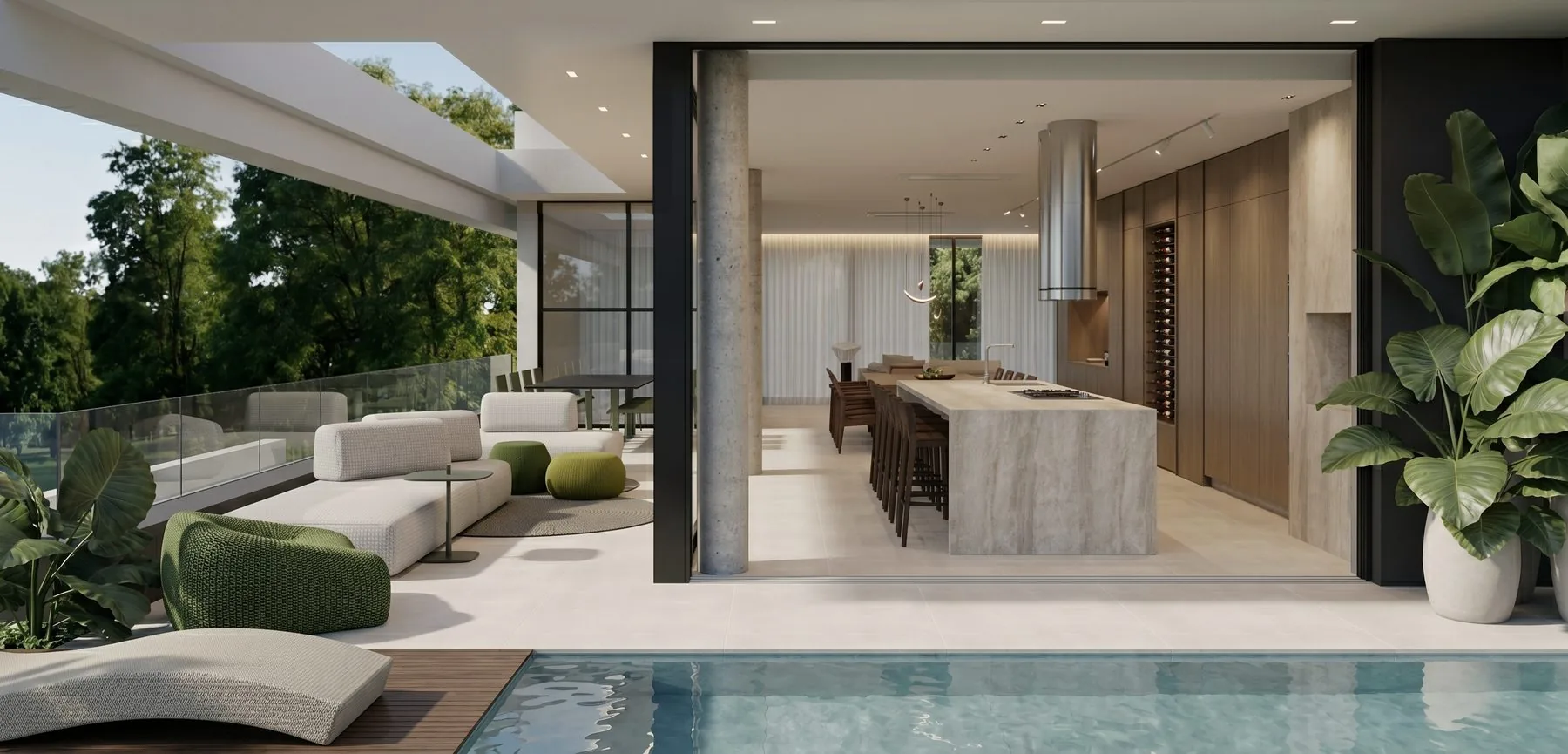 Cozinha aberta para a varanda e piscina da Casa Felicità — casa de luxo em Curitiba