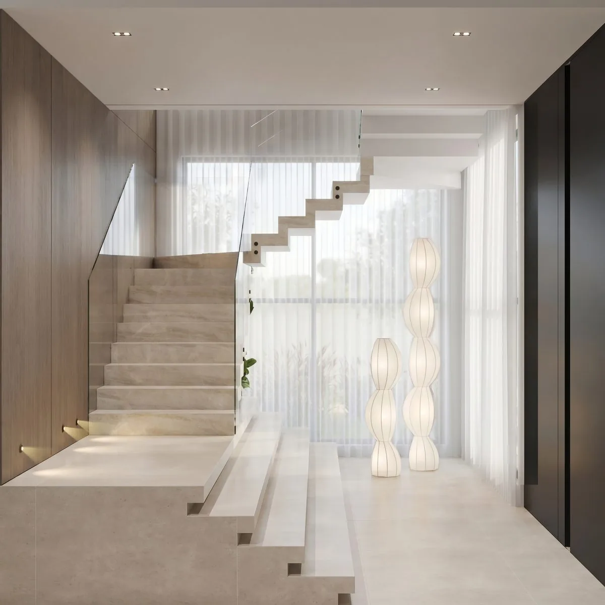 Escada escultural do hall da Casa Felicità — casa de luxo em Santa Felicidade
