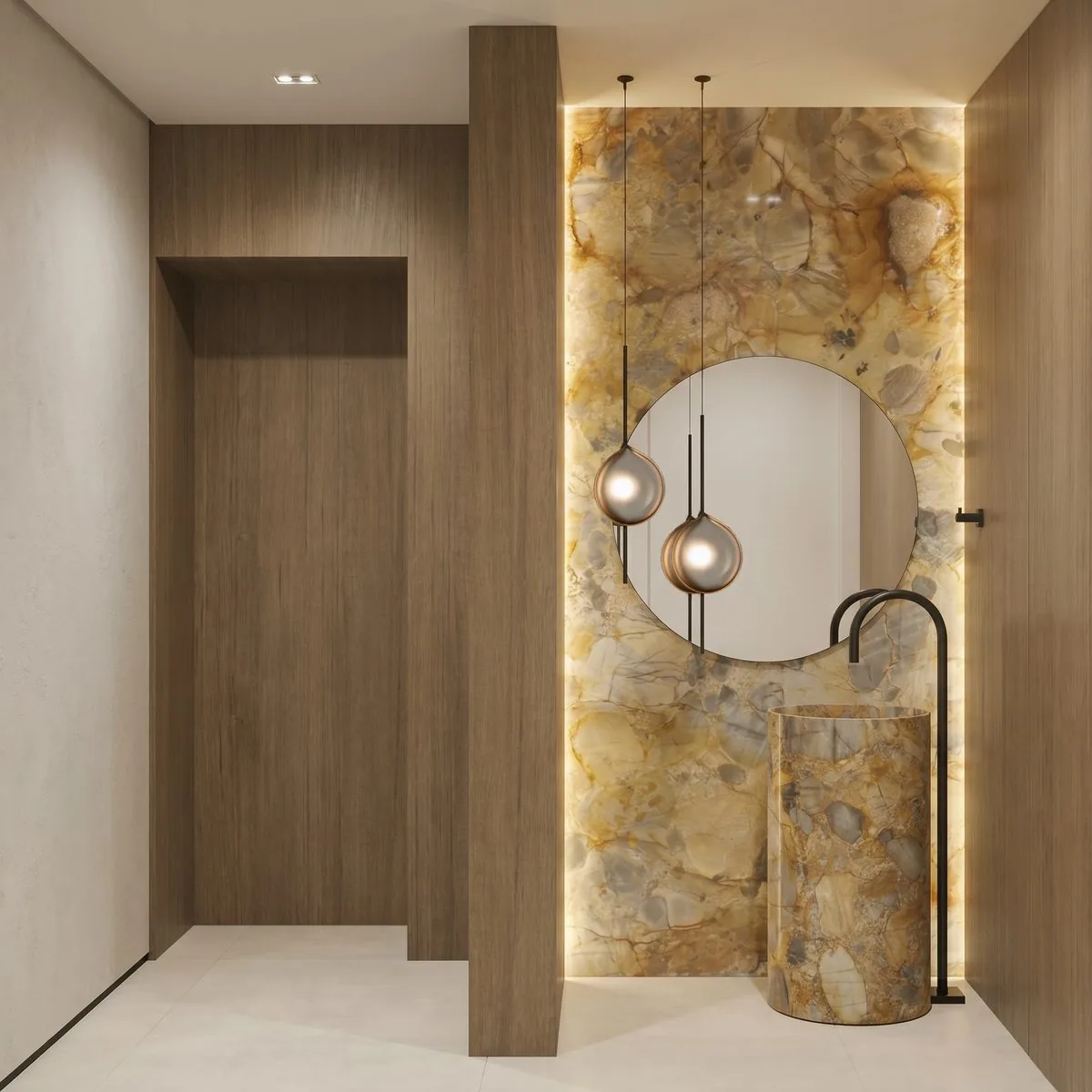Lavabo em pedra natural da Casa Felicità, casa de alto padrão em Curitiba