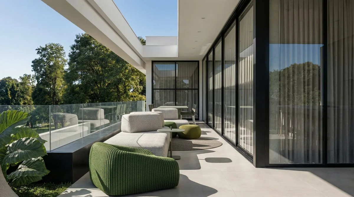 Varanda integrada ao living da Casa Felicità, casa de luxo em Santa Felicidade